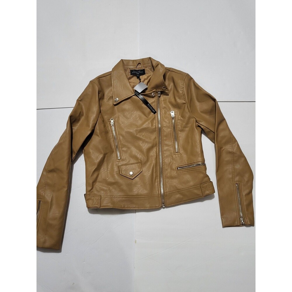 Love Tree Faux Leather Jacket Large Moto Biker Full Zip brown Cropped